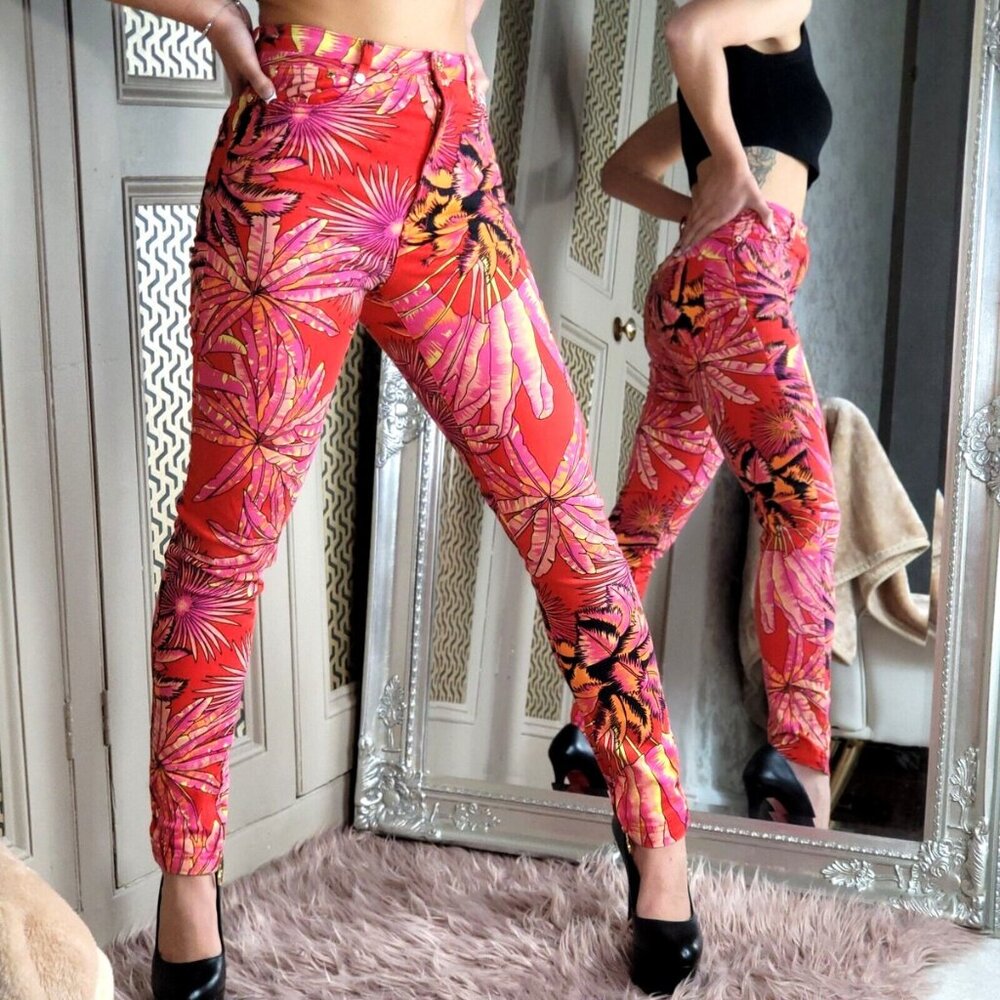 Versace for H&M Red & Orange Tropical Palm Leaf Patterned Jeans, Size 8